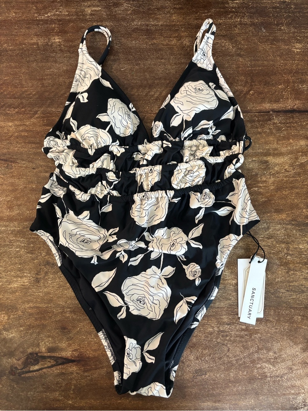Sanctuary “Among Roses” Black & Cream Floral One-Piece Swimsuit